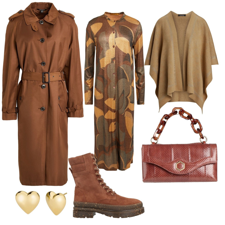 Outfit donna - Calma in ufficio. per Ufficio. Abbinamento con anfibi, borse a mano, vestiti midi/longuette, trench, sciarpe, orecchini.