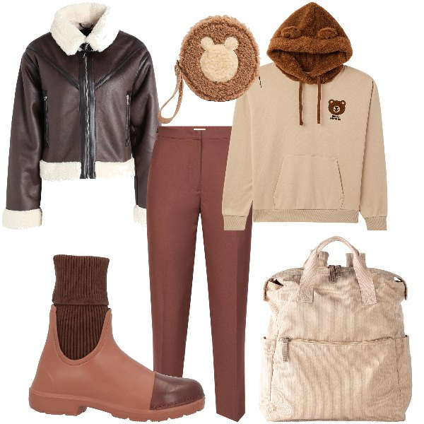 Outfit donna - Total look #2039478. Stile Basic per Tutti i giorni. Abbinamento con blazer, stivaletti chelsea, zaini, felpe con cappuccio, portafogli, pantaloni.