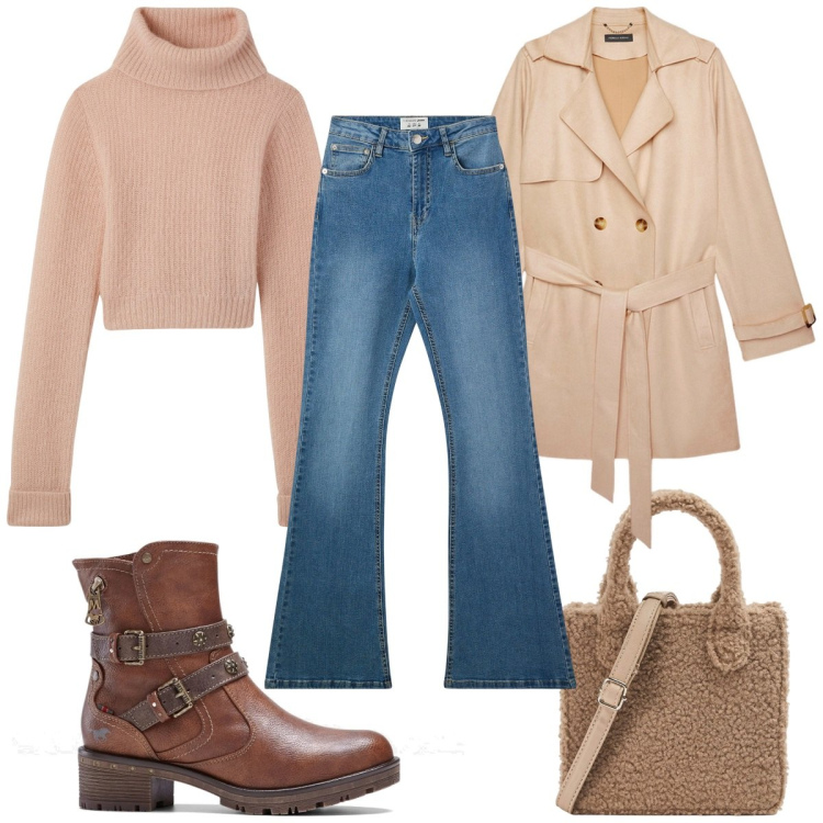 Outfit donna - Relax post feste : i colori neutri. Stile 70s per Tutti i giorni. Abbinamento con stivaletti, maglieria, shopping bag, jeans a zampa, trench.