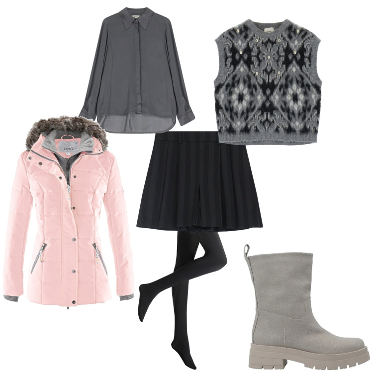 Outfit donna - Freddo non ti temo. per Tutti i giorni. Abbinamento con piumini, collant, stivaletti, gonne, maglieria, camicie.