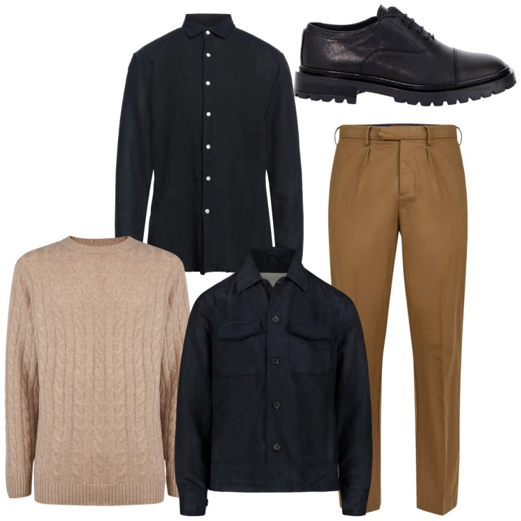 Outfit uomo - Total look city. Stile Urban per Tutti i giorni. Abbinamento con camicie, scarpe stringate, pantaloni, giacche, maglieria.