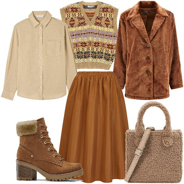 Outfit donna - Total look #2039487. Stile Vintage retrò per Tutti i giorni. Abbinamento con stivaletti, camicie, shopping bag, gilet, cappotti, gonne lunghe.