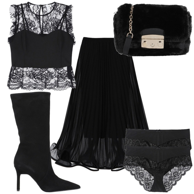 Outfit donna - Sexy total black. Stile Sexy per Serata fuori. Abbinamento con culotte, stivali, borse a tracolla, top, gonne lunghe.