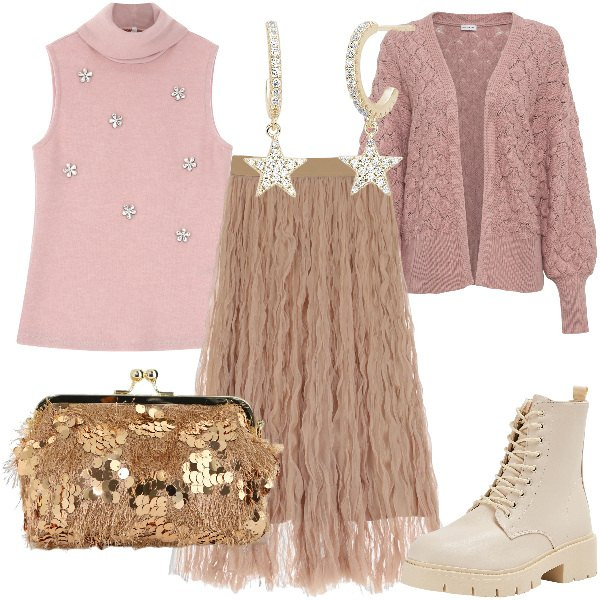 Outfit donna - Total look #2039504. Stile Romantica per Serata fuori. Abbinamento con cardigans, anfibi, orecchini, maglieria, gonne lunghe, borse a spalla.