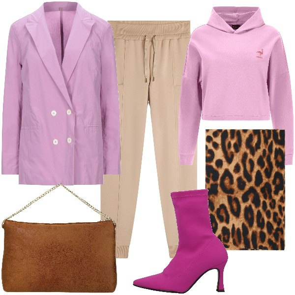 Outfit donna - Total look #2039508. Stile Trendy per Tutti i giorni. Abbinamento con blazer, stivaletti, stole, felpe con cappuccio, pantaloni, pochette.