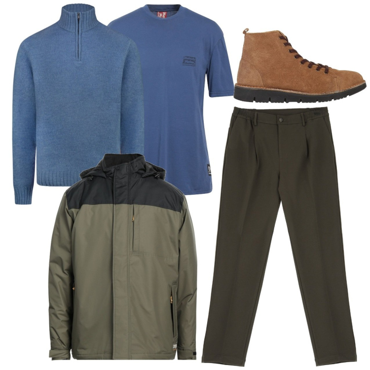 Outfit uomo - City. Stile Casual per Tutti i giorni. Abbinamento con t-shirt, stivali e stivaletti, piumini, pantaloni, maglieria.
