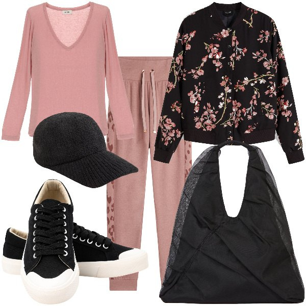 Outfit donna - Total look #2039510. Stile Casual per Tutti i giorni. Abbinamento con bomber, cappelli, pantaloni, maglieria, sneakers, shopping bag.