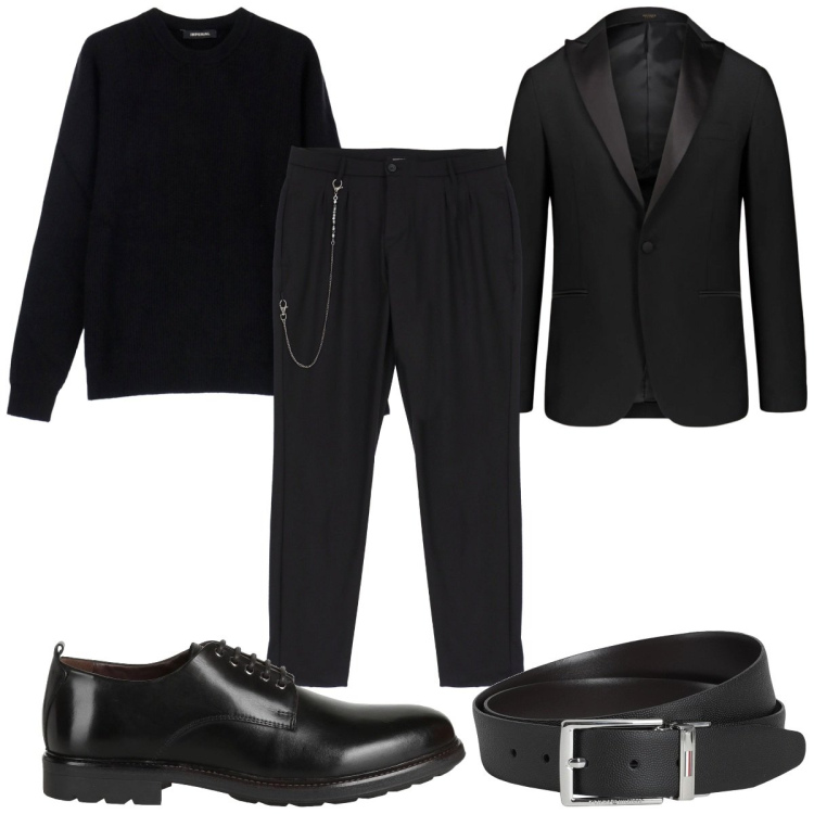 Outfit uomo - Total black per l\'ufficio. Stile Trendy per Ufficio. Abbinamento con scarpe stringate, cinture, pantaloni, pullovers, abiti.