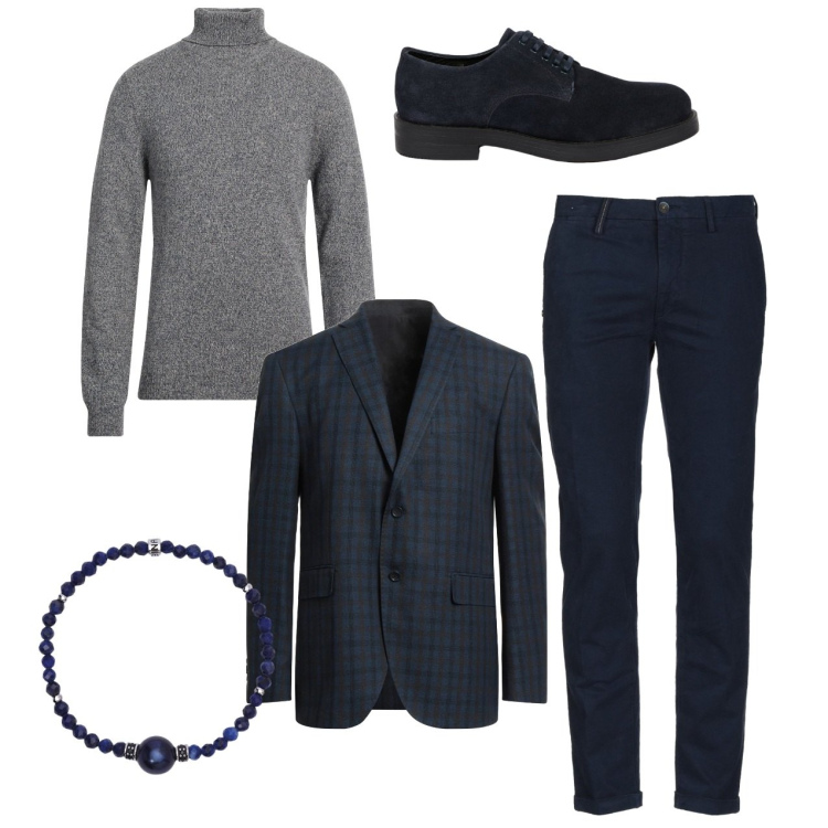Outfit uomo - City. Stile Business/Elegante per Ufficio. Abbinamento con pantaloni, maglieria, giacche, braccialetti, scarpe stringate.