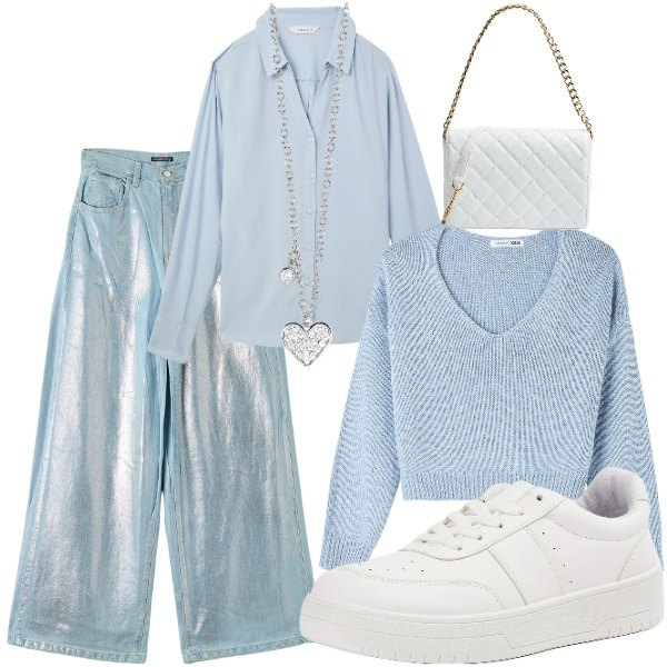 Outfit donna - azzurro. Stile Casual per Scuola/Università. Abbinamento con camicie, maglieria, jeans, sneakers, borse a tracolla, collane.