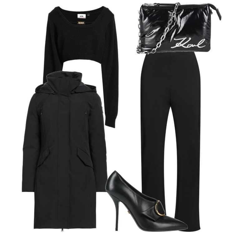 Outfit donna - Total black. Stile Chic per Tutti i giorni. Abbinamento con décolleté, pullovers, parka, borse a mano, pantaloni.