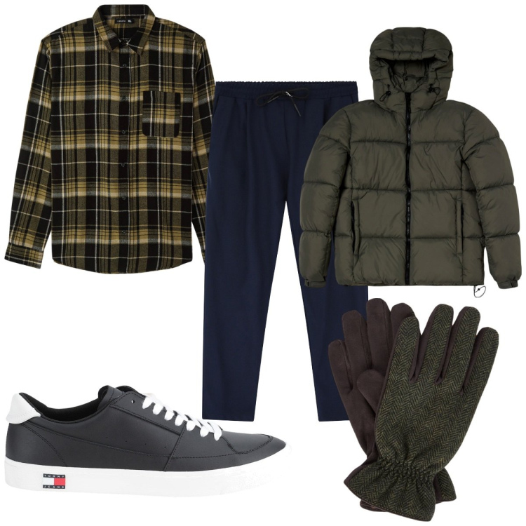 Outfit uomo - Camicia a quadri tutti i giorni. Stile Trendy per Tutti i giorni. Abbinamento con sneakers, camicie, piumini, pantaloni, guanti.