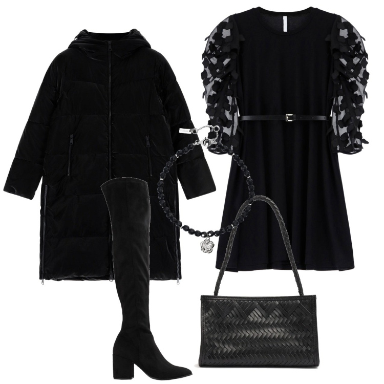 Outfit donna - Total black. Stile Chic per Serata fuori. Abbinamento con stivali sopra il ginocchio, braccialetti, piumini, vestiti, borse a mano.