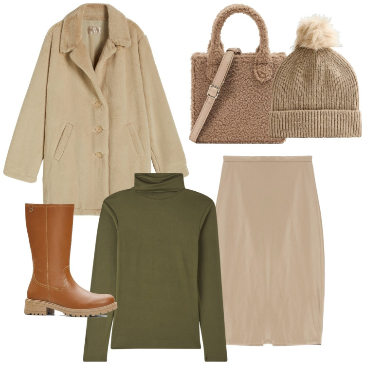 Outfit donna - Sabbia e verde oliva. Stile Bon Ton per Ufficio. Abbinamento con stivali, maglieria, shopping bag, berretti, cappotti, gonne.
