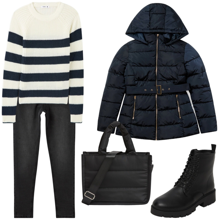 Outfit donna - Terranova sales. Stile Casual per Scuola/Università. Abbinamento con jeans skinny, blazer, anfibi, maglieria, shopping bag.