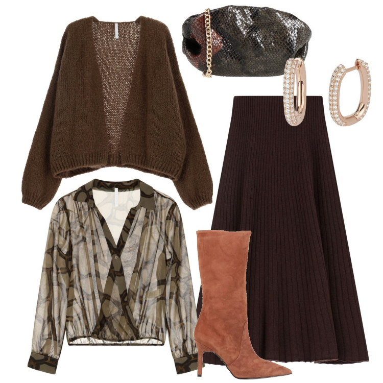 Outfit donna - Serata elegante. Stile Chic per Serata fuori. Abbinamento con stivali, borse a tracolla, orecchini, camicie, cardigans, gonne longuette.