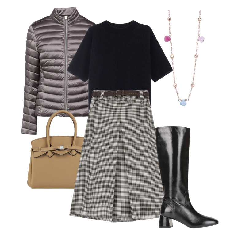 Outfit donna - Una gonna a gennaio. Stile Bon Ton per Ufficio. Abbinamento con stivali, piumini, borse a mano, collane, pullovers, gonne.