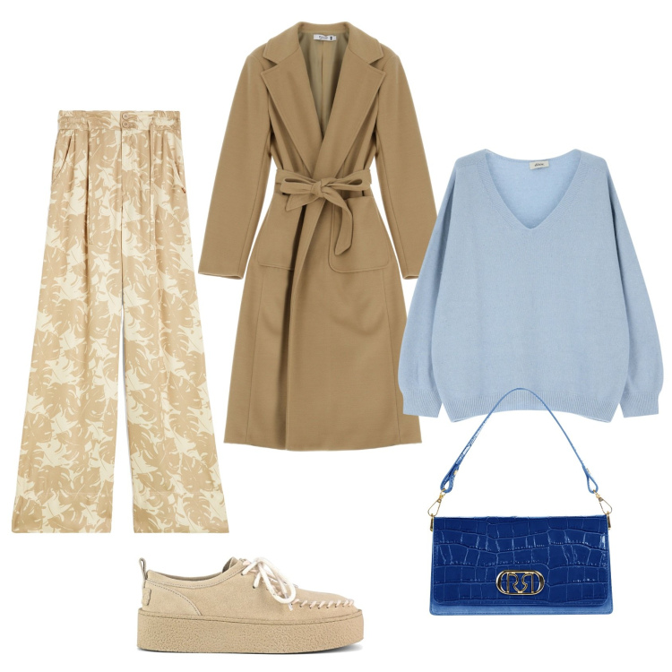 Outfit donna - Inverno in città. Stile Casual per Tutti i giorni. Abbinamento con borse a tracolla, cappotti, maglieria, pantaloni culotte, mocassini.