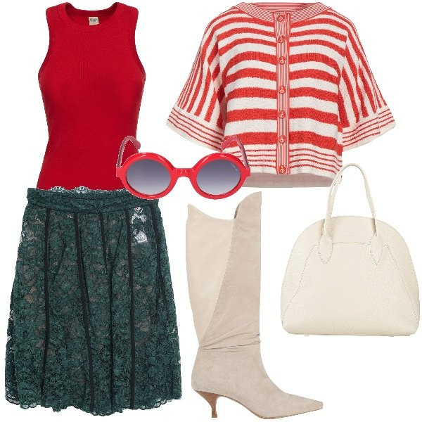 Outfit donna - Una gonna in gennaio. Stile Bon Ton per Ufficio. Abbinamento con stivali, minigonne, cardigans, borse a mano, canottiere, occhiali da sole.