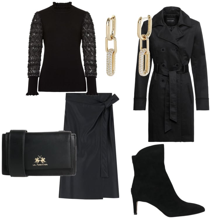 Outfit donna - Io e il nero. per Tutti i giorni. Abbinamento con maglieria, trench, borse a tracolla, stivaletti, orecchini, gonne.