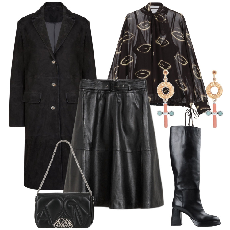 Outfit donna - Total black. Stile Rock per Serata fuori. Abbinamento con gonne, stivali, orecchini, borse a mano, camicie, cappotti.