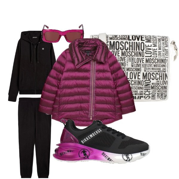 Outfit donna - relax. Stile Sporty chic per Tutti i giorni. Abbinamento con sneakers, borse a tracolla, tute sportive, occhiali da sole, piumini.