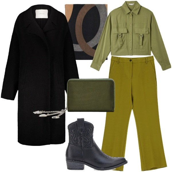 Outfit donna - Cappotti avvolgenti e maxi sciarpe. Stile Trendy per Tutti i giorni. Abbinamento con portafogli, camicie, pantaloni, foulard, cappotti, stivaletti texani.