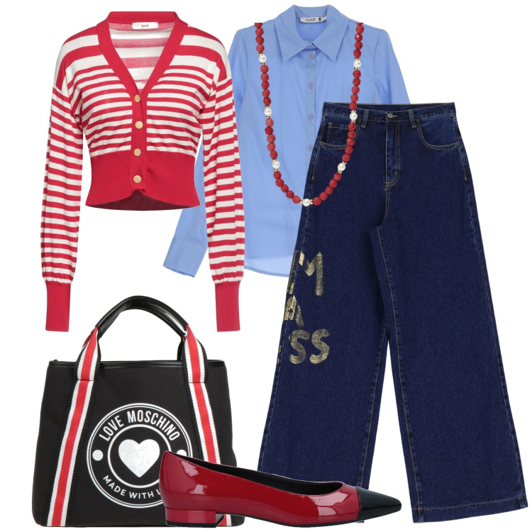 Outfit donna - Shopping bag e jeans. Stile Trendy per Tutti i giorni. Abbinamento con cardigans, ballerine, borse a mano, camicie, collane, jeans.