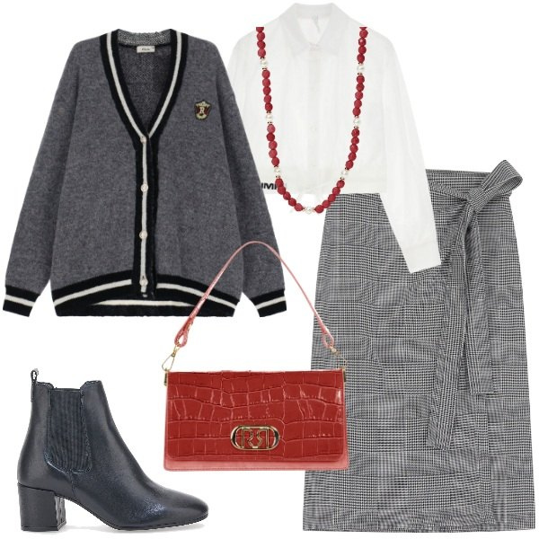 Outfit donna - Gonne midi per ogni occasione. Stile Bon Ton per Ufficio. Abbinamento con collane, borse a tracolla, camicie, gonne longuette, cardigans, stivaletti chelsea.