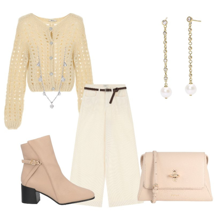 Outfit donna - Da mattina a sera. Stile Casual chic per Tutti i giorni. Abbinamento con stivaletti, borse a tracolla, orecchini, collane, pantaloni, cardigans.
