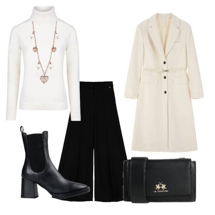 Outfit donna - In ufficio. Stile Casual chic per Ufficio. Abbinamento con stivaletti chelsea, borse a tracolla, collane, cappotti, pantaloni a palazzo, maglieria.