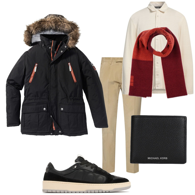 Outfit uomo - Total look #2039585. Stile Trendy per Tutti i giorni. Abbinamento con parka, sciarpe, camicie, portafogli, sneakers, pantaloni.