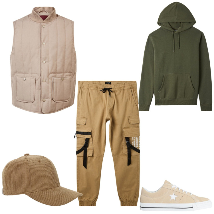 Outfit uomo - Outdoor. Stile Casual per Tutti i giorni. Abbinamento con sneakers, felpe con cappuccio, pantaloni cargo, cappelli, piumini.