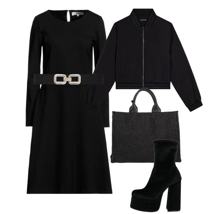Outfit donna - Total black. Stile Chic per Tutti i giorni. Abbinamento con vestiti midi/longuette, stivaletti, borse a mano, cinture, bomber.