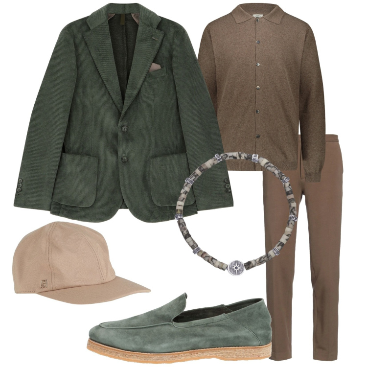 Outfit uomo - Brunch e velluto. Stile Trendy per Tutti i giorni. Abbinamento con pantaloni, cappelli con visiera, scarpe stringate, braccialetti, giacche, polo.
