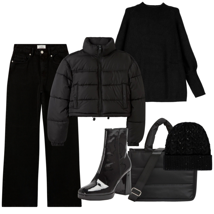 Outfit donna - Total black. Stile Urban per Tutti i giorni. Abbinamento con shopping bag, pantaloni, stivaletti, blazer, maglieria, cappelli.