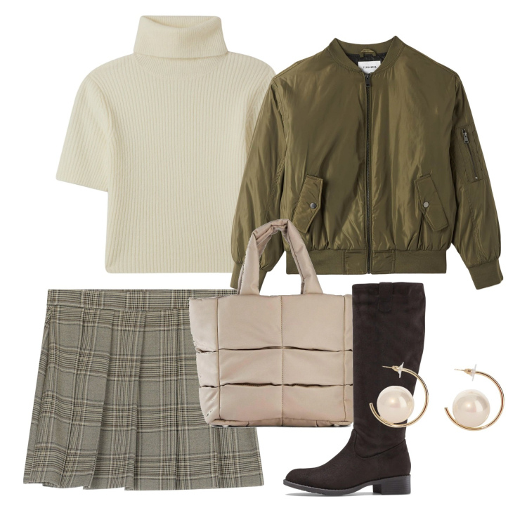 Outfit donna - Bomber e pieghe. Stile Bon Ton per Tutti i giorni. Abbinamento con stivali, borse a mano, bomber, maglieria, minigonne, orecchini.