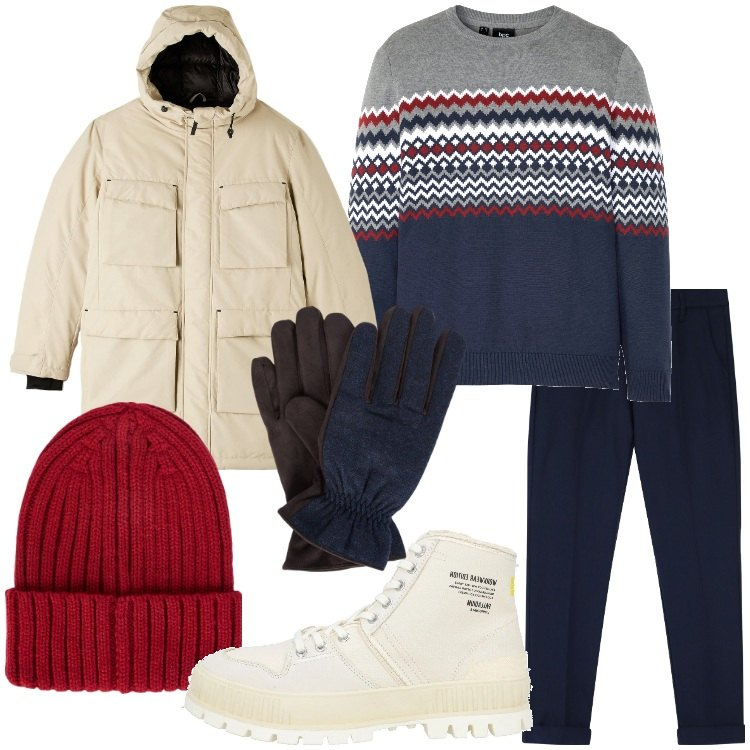 Outfit uomo - Gennaio in montagna. Stile Casual per Tutti i giorni. Abbinamento con maglieria, stivali e stivaletti, parka, pantaloni chino, guanti, berretti.