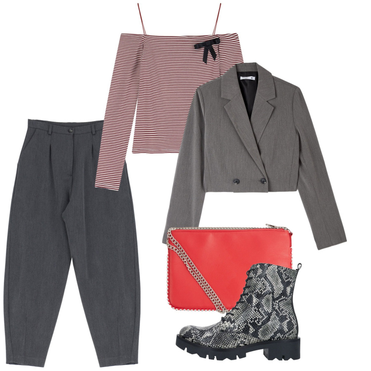Outfit donna - Balloons per l\'ufficio. Stile Urban per Ufficio. Abbinamento con stivaletti, borse a tracolla, blazer, maglieria, pantaloni.