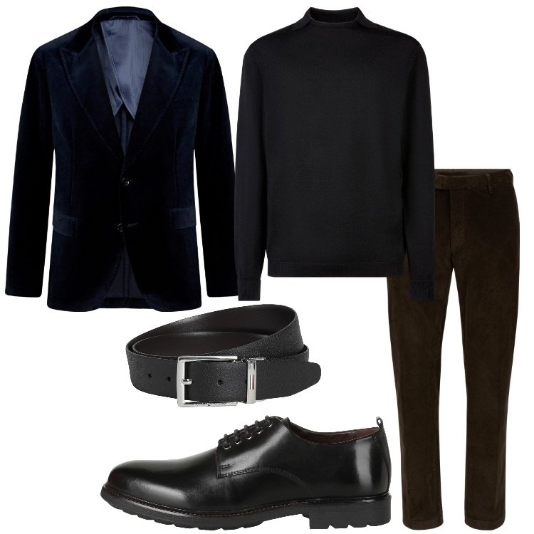 Outfit uomo - Minimal in total black. Stile Business/Elegante per Serata speciale. Abbinamento con scarpe stringate, cinture, maglieria, pantaloni, giacche.