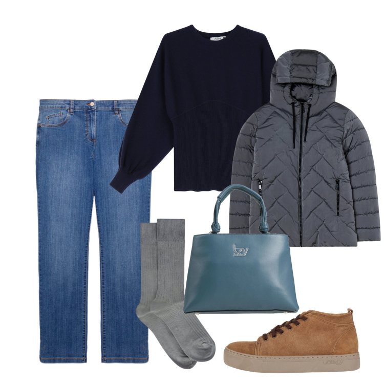 Outfit donna - Jeans forever. Stile Casual per Tutti i giorni. Abbinamento con borse a mano, sneakers alte, blazer, maglieria, calzini, jeans dritti.