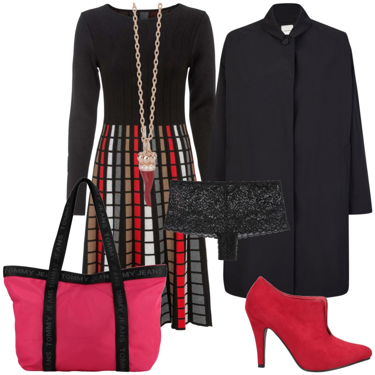 Outfit donna - Buona fortuna. Stile Urban per Ufficio. Abbinamento con vestiti, culotte, borse a mano, décolleté, collane, trench.
