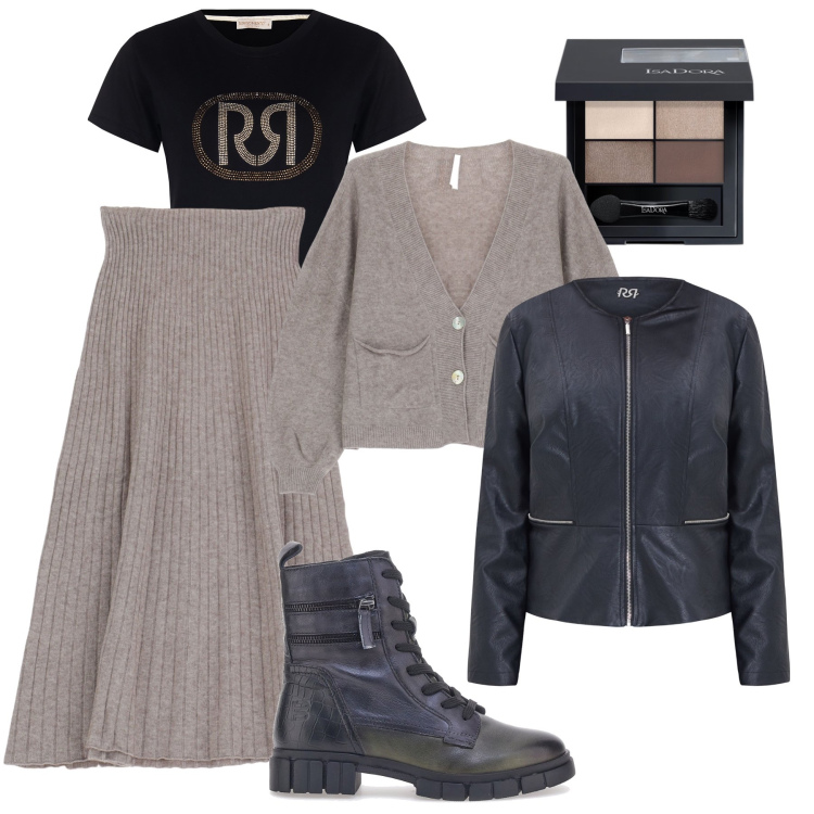 Outfit donna - La gonna midi in maglia. Stile Trendy per Tutti i giorni. Abbinamento con ombretti, blazer, t-shirt, gonne longuette, cardigans, anfibi.