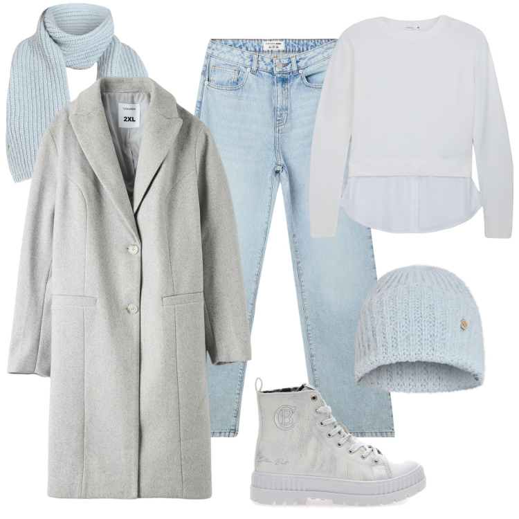 Outfit donna - Grigio perla mélange e azzurro baby. Stile Casual per Tutti i giorni. Abbinamento con jeans dritti, maglieria, cappotti, sciarpe, berretti, stivaletti.