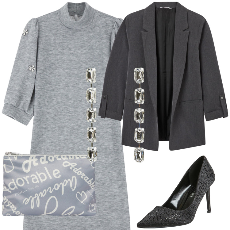 Outfit donna - Adorable look. Stile Glamour per Serata fuori. Abbinamento con décolleté, orecchini, blazer, vestiti corti, pochette.