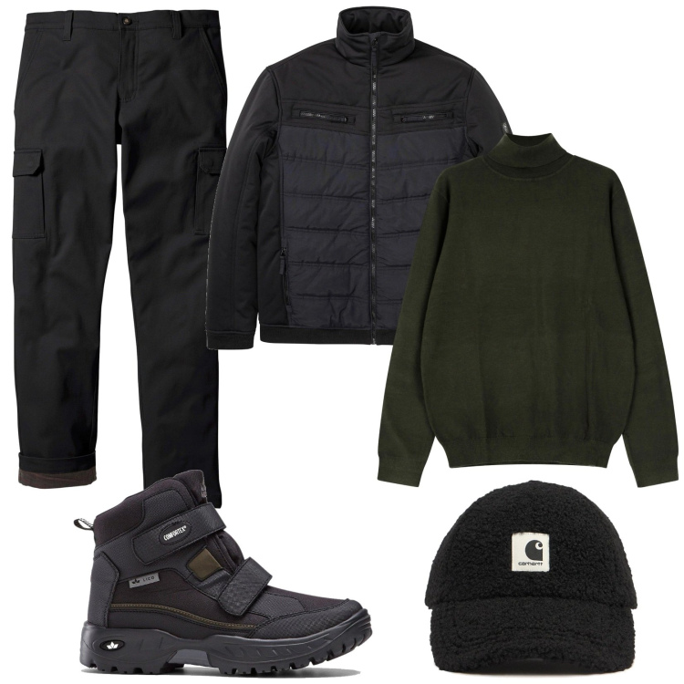 Outfit uomo - Gennaio in montagna. Stile Urban per Tutti i giorni. Abbinamento con stivali e stivaletti, pantaloni cargo, piumini, maglieria, cappelli.
