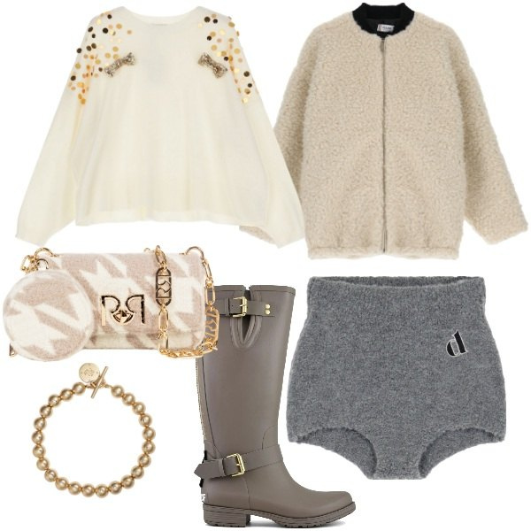 Outfit donna - Urban Escape. Stile Military per Tutti i giorni. Abbinamento con borse a tracolla, blazer, maglieria, shorts, braccialetti, stivali.