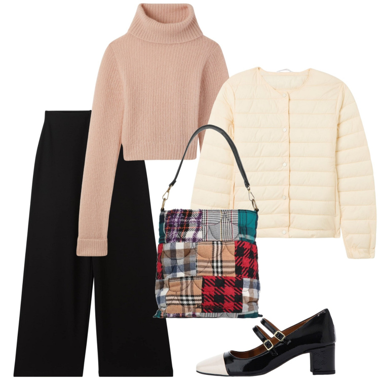 Outfit donna - La borsa patchwork. Stile Bon Ton per Ufficio. Abbinamento con borse a mano, maglieria, pantaloni, piumini, décolleté.