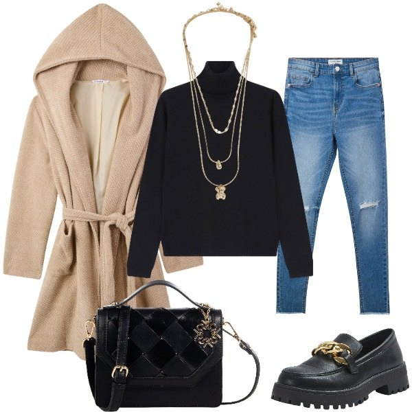 Outfit donna - pomeriggio di shopping. Stile Casual chic per Tutti i giorni. Abbinamento con jeans strappati, mocassini, cappotti, ciondoli, borse a tracolla, maglieria.