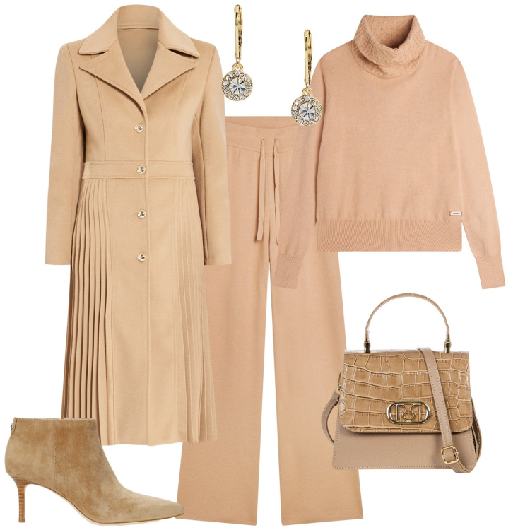 Outfit donna - Total look #2039661. Stile Chic per Ufficio. Abbinamento con cappotti, borse a mano, pantaloni, maglieria, stivaletti, orecchini.